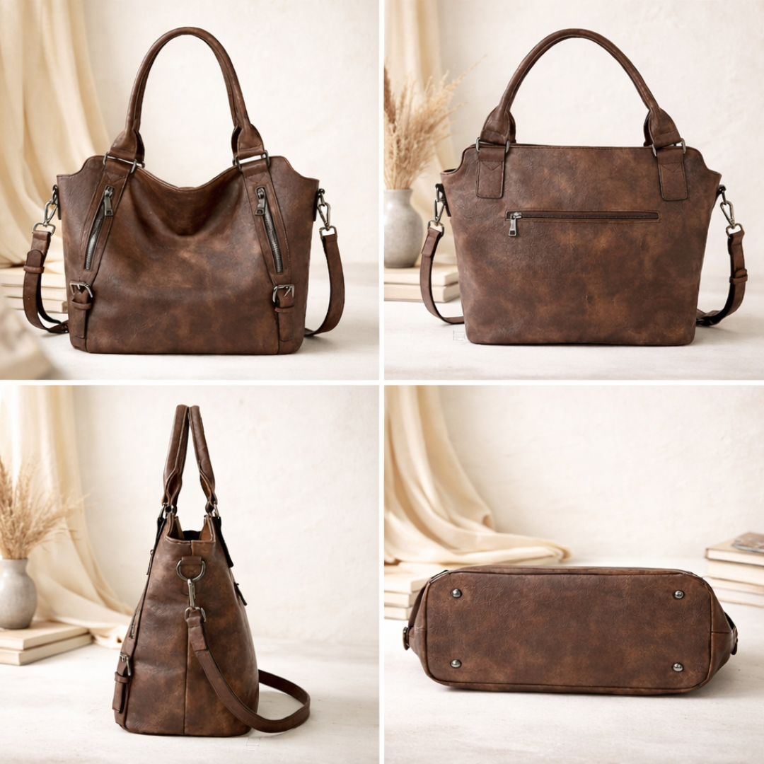 Close-up of silver-tone hardware and diagonal zipper pocket detail