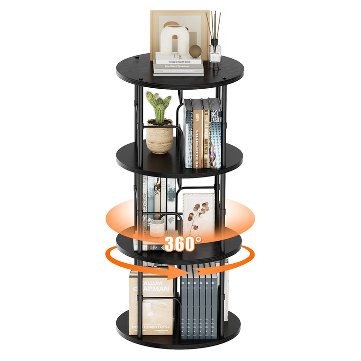 Black 4-tier rotating bookshelf, 360° turntable base, open round shelves
