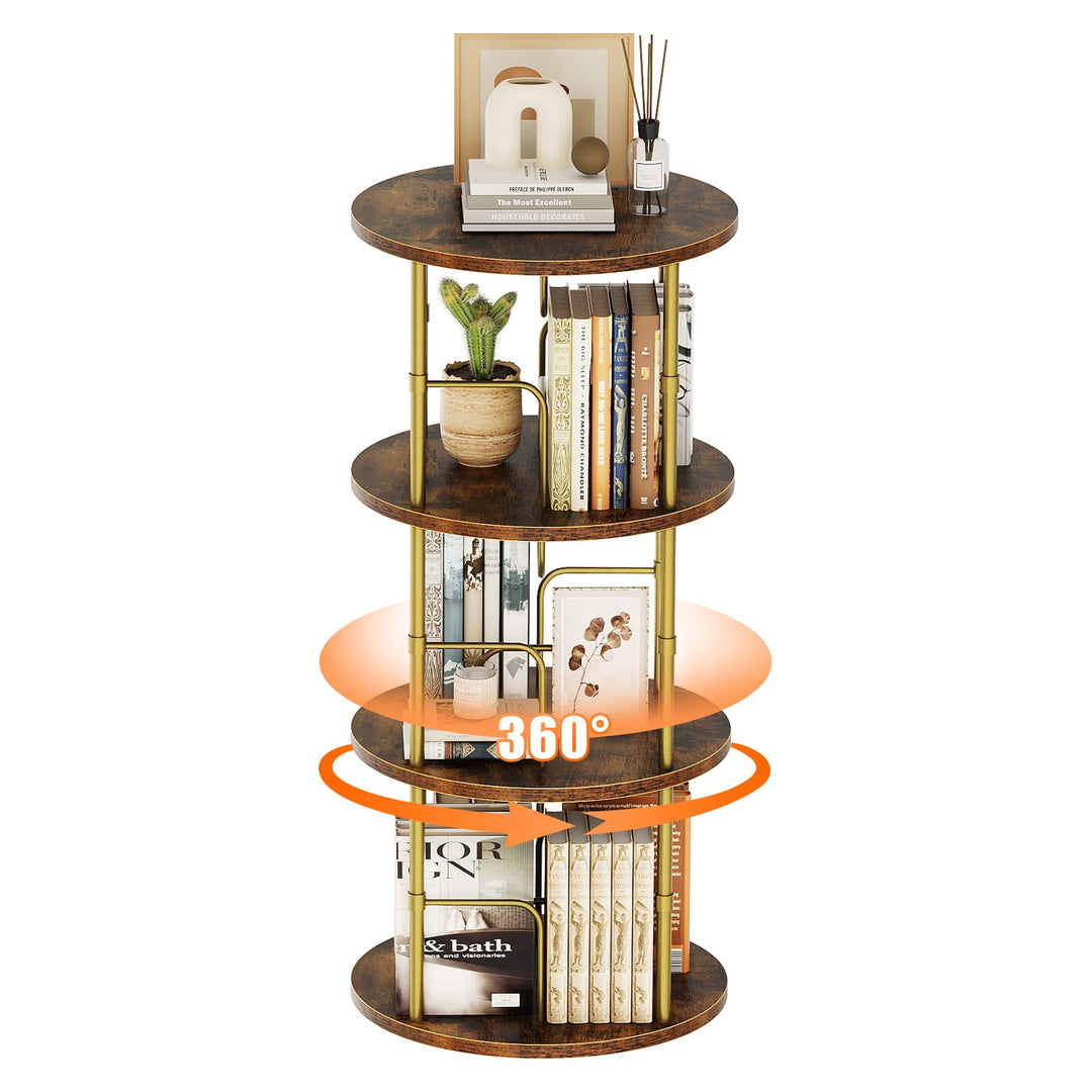 3-tier rotating bookshelf with gold metal frame and round wood-tone shelves