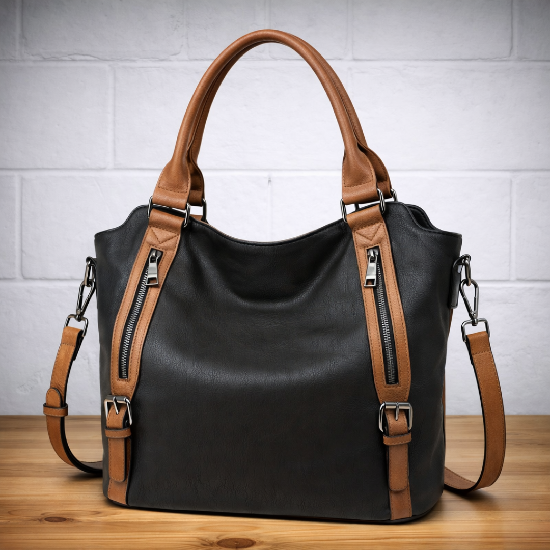Slouchy hobo tote bag with diagonal front zipper pockets