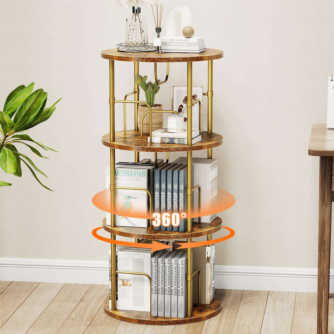Close-up of rotating turntable base and lower shelf tier, gold frame