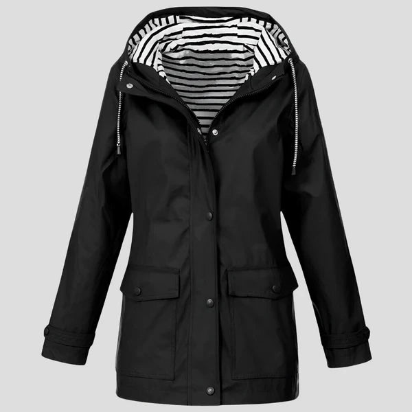 Size measurement diagram for women's insulated jacket showing chest sleeve and length points