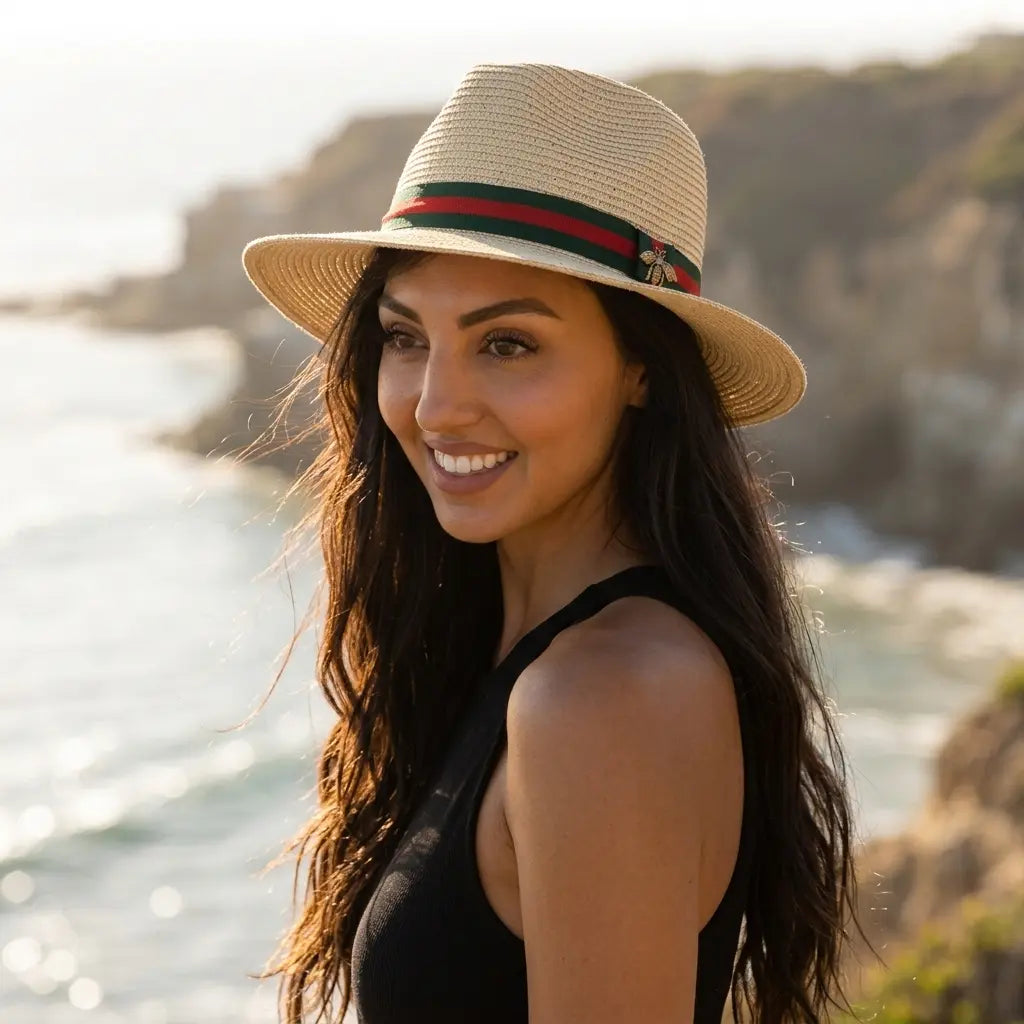 Beige woven straw fedora with red and green ribbon band and bee charm, smiling woman at coastal overlook