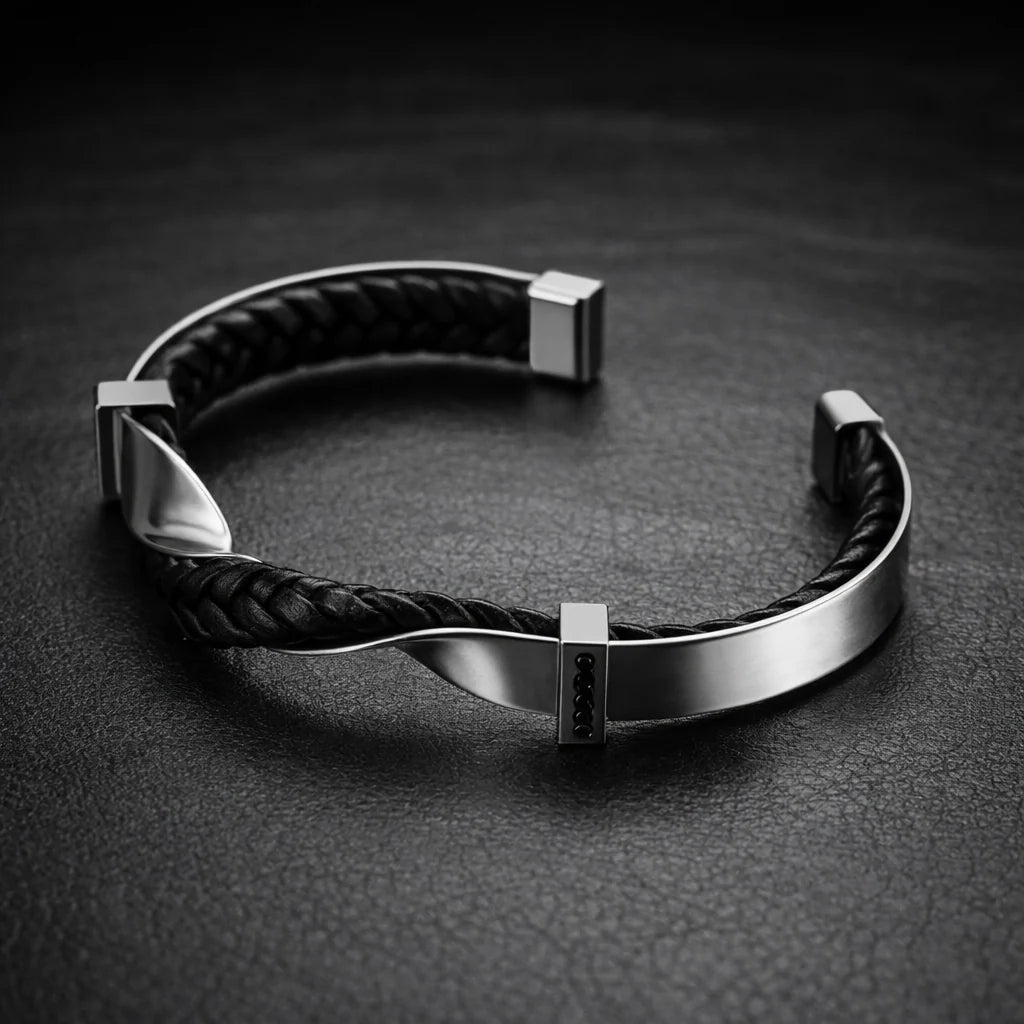 Genuine leather cuff bracelet with metal accents, detail view