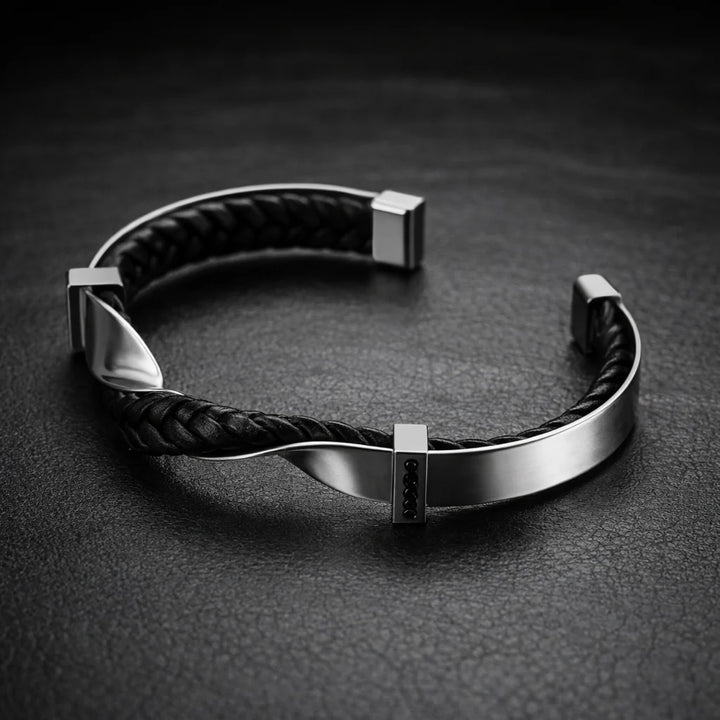 Genuine leather cuff bracelet with metal accents, detail view