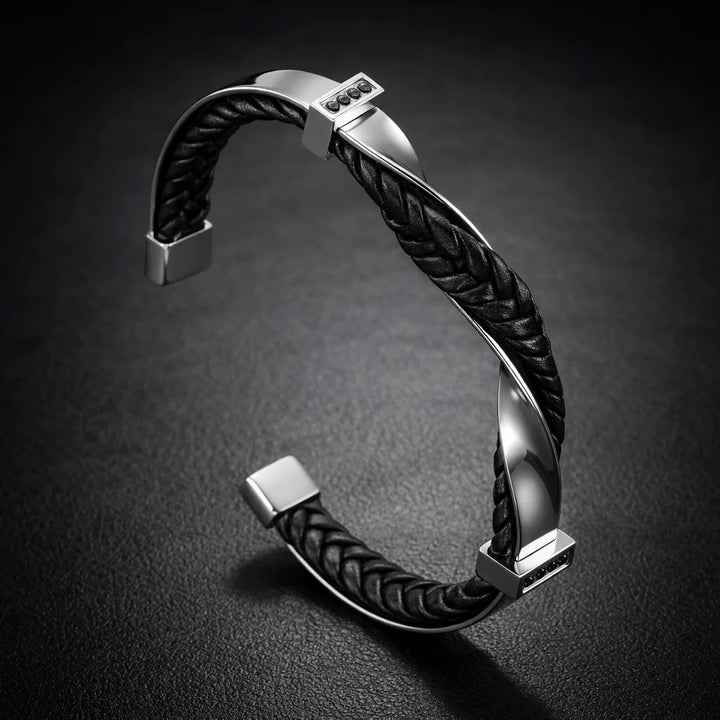 Men's cuff bracelet leather and silver finish, side view