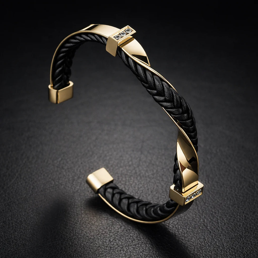 Men's leather cuff bracelet close-up, sterling silver hardware detail