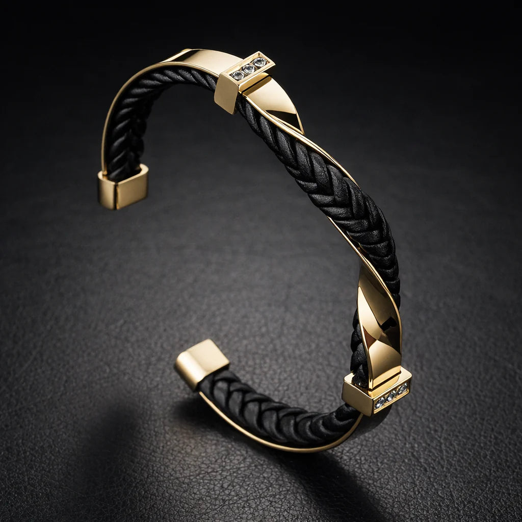 Men's leather cuff bracelet close-up, sterling silver hardware detail