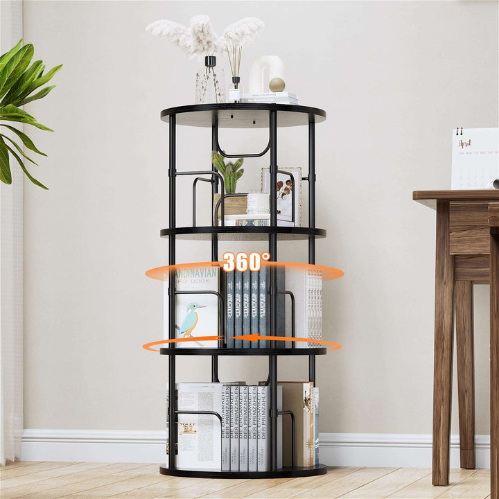 4-tier cylindrical spinning bookshelf with wood-tone shelves, gold hardware