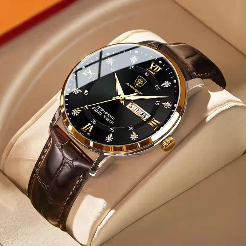 Men's gold-tone waterproof luminous watch with black dial and brown leather strap
