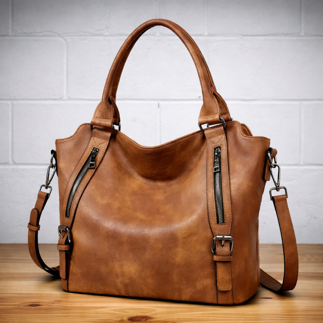 Large hobo tote bag with dual zipper pockets and silver hardware, front view