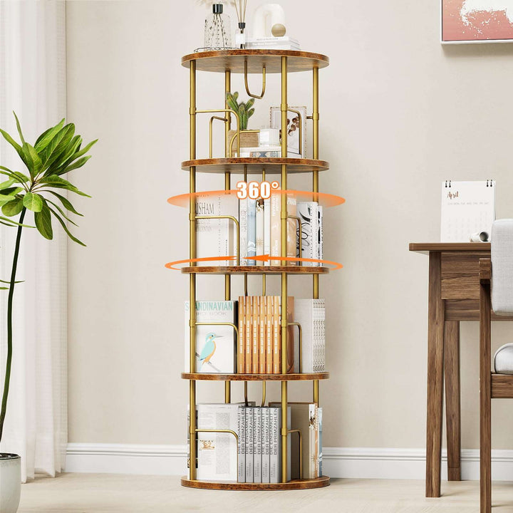 Black rotating bookshelf tower with round tiers, 360° spinning base