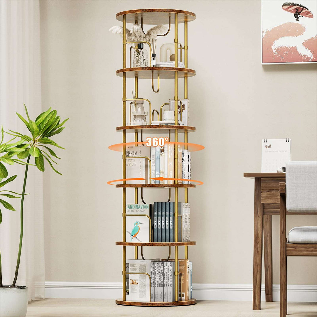 Rotating bookshelf with gold frame and round wood-tone tiers, full view