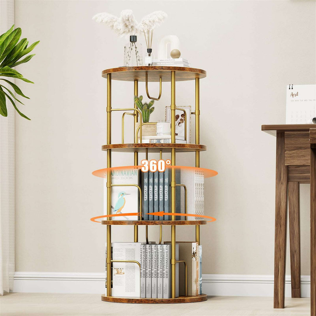 Rotating bookcase styled with books and decor in a study or bedroom