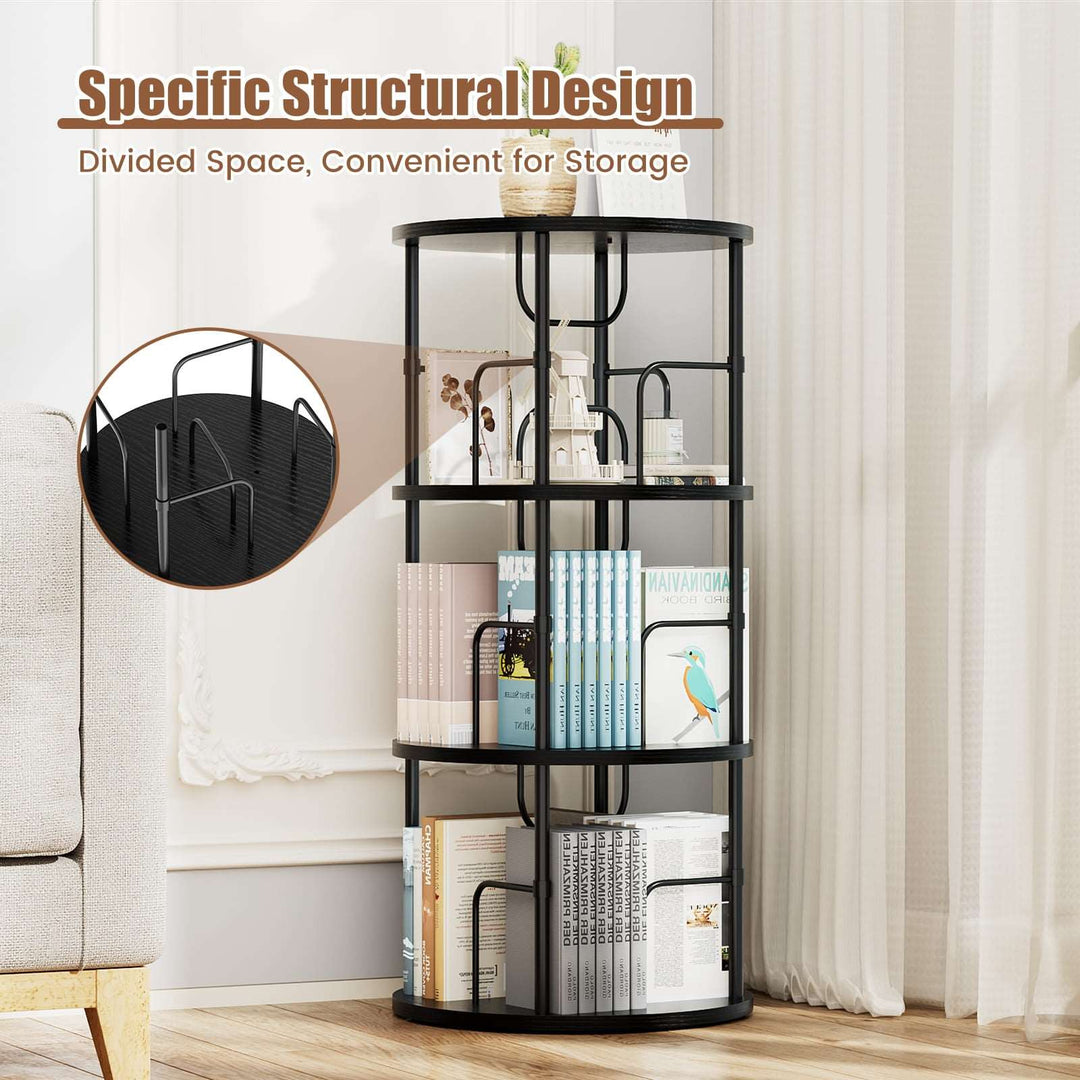 Rotating bookshelf displayed with books and plants in a living room