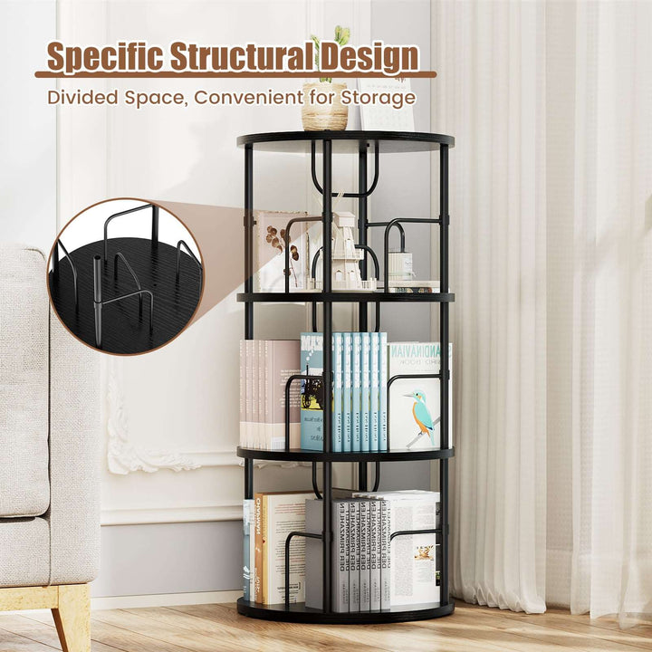 Rotating bookshelf displayed with books and plants in a living room