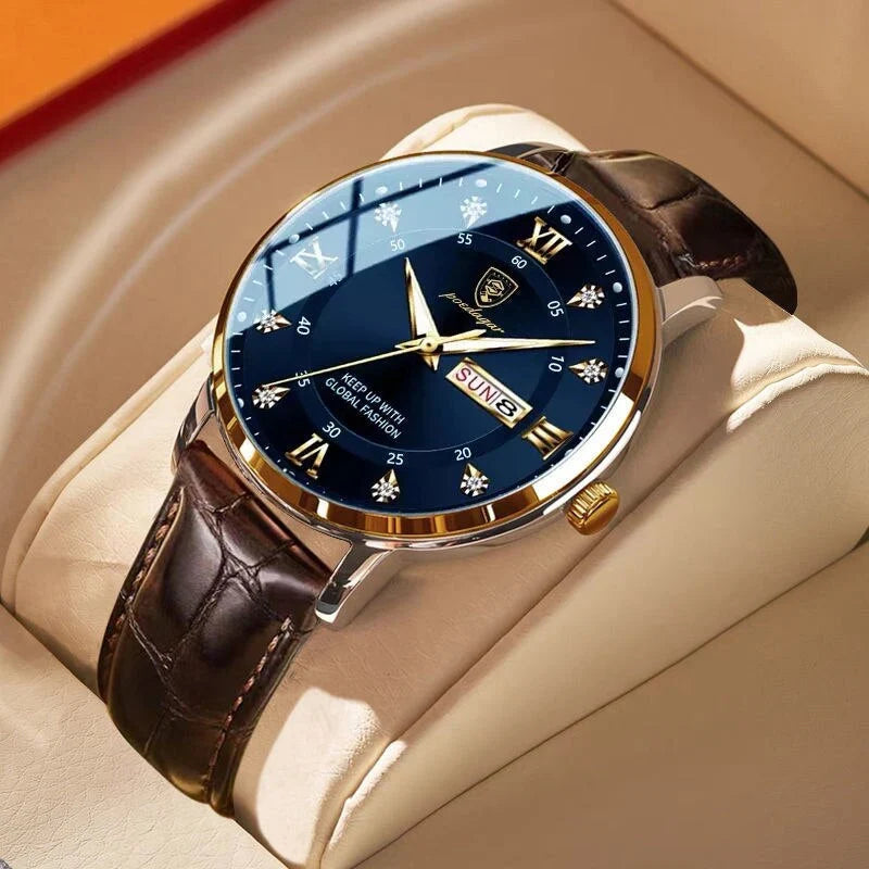 Luxury watch with a blue dial and brown leather strap on a beige surface