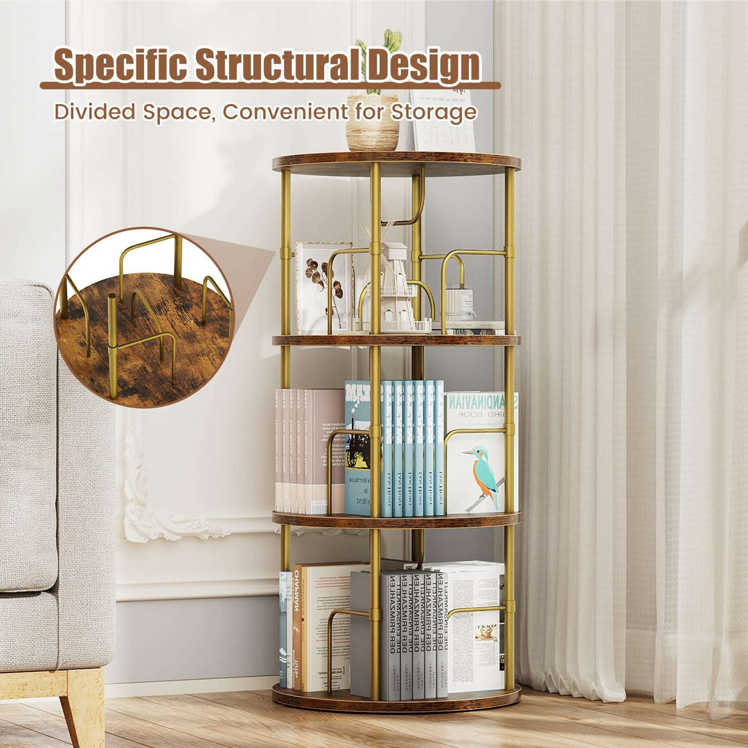 Black 360° spinning bookshelf with open round shelves, full product view