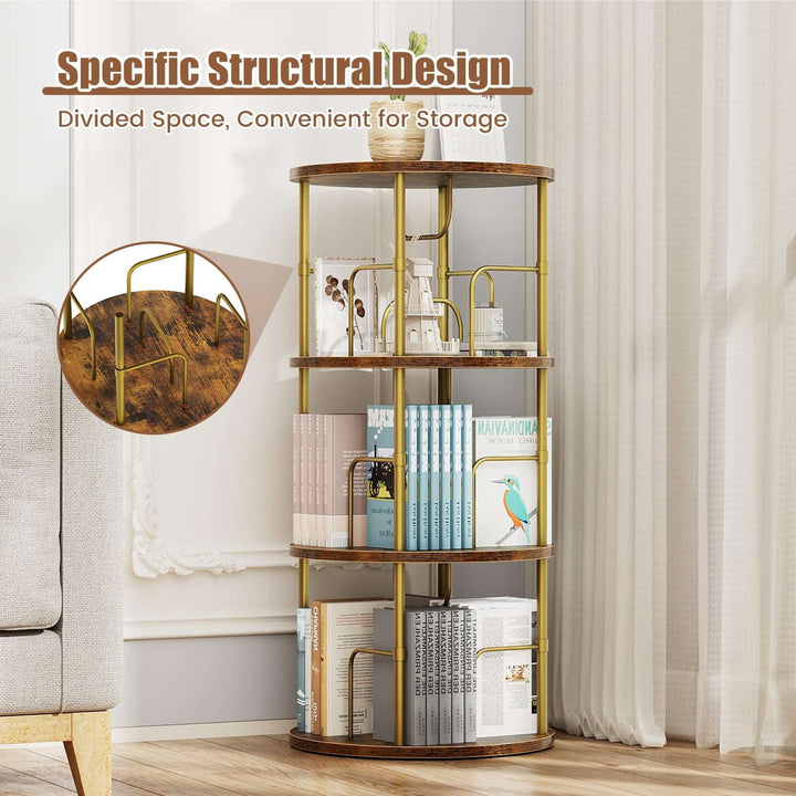 Black 360° spinning bookshelf with open round shelves, full product view