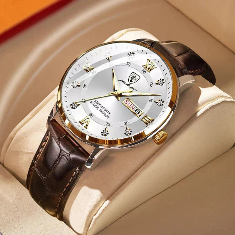Men's gold-tone luminous dress watch with white dial and day-date complication
