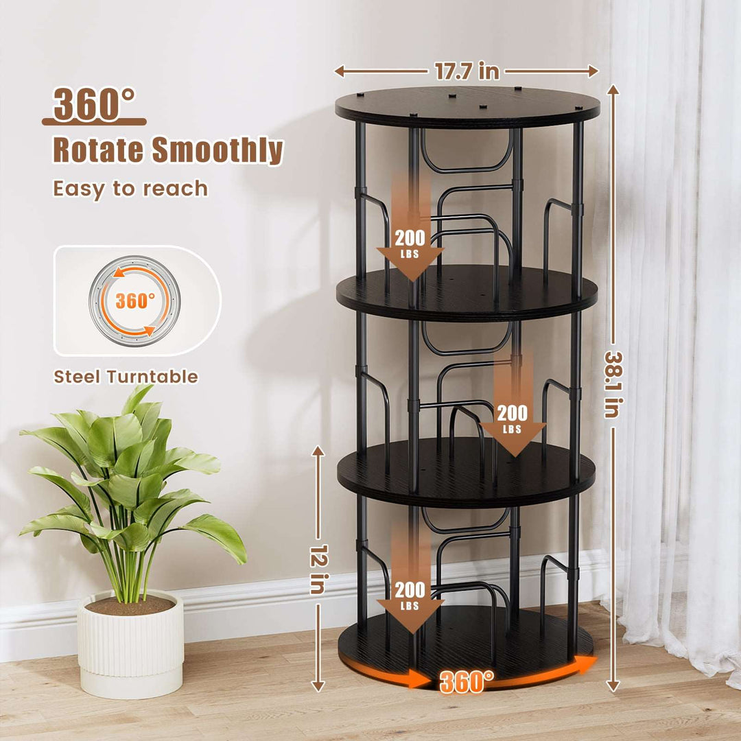 5-tier spinning bookcase with round shelves and gold metal rod, full height
