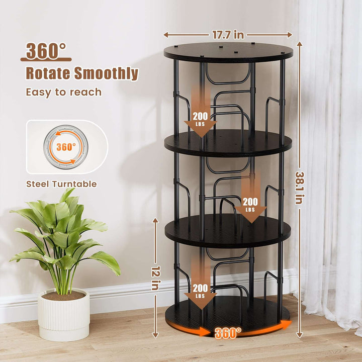 5-tier spinning bookcase with round shelves and gold metal rod, full height