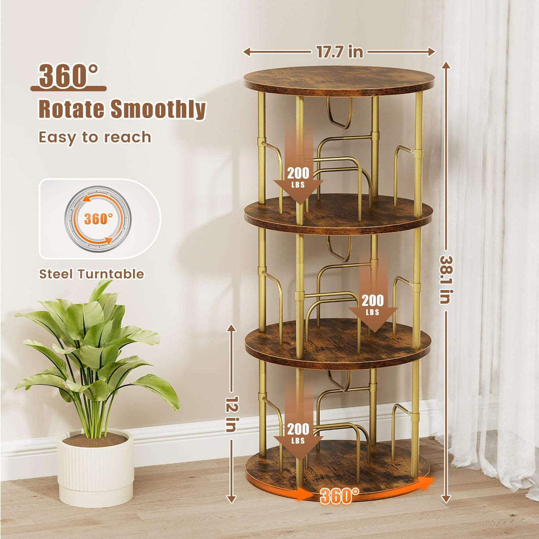 Spinning bookshelf tower showing compartment storage from side angle