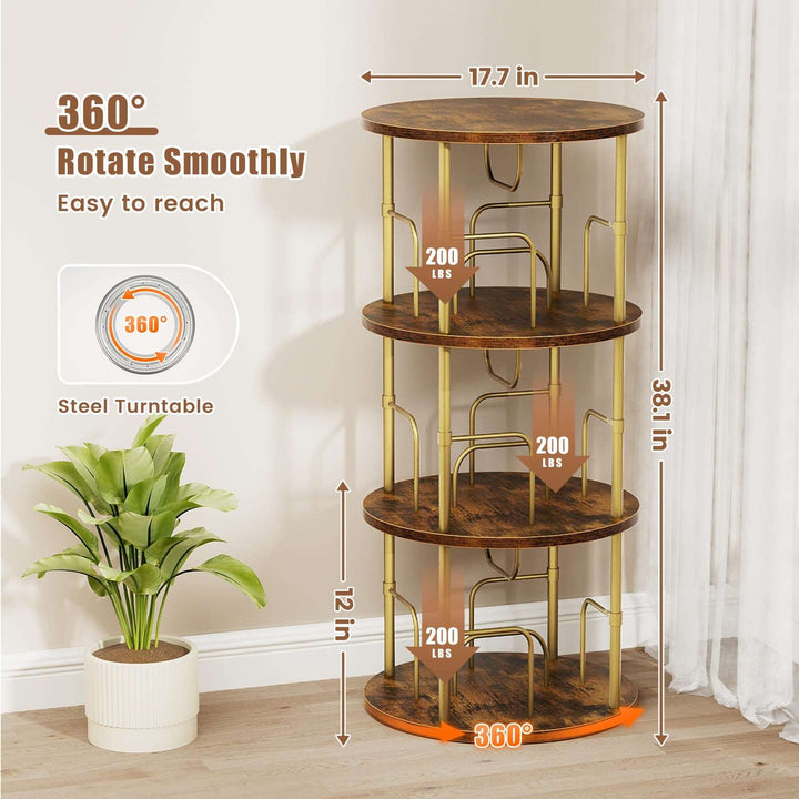 Spinning bookshelf tower showing compartment storage from side angle