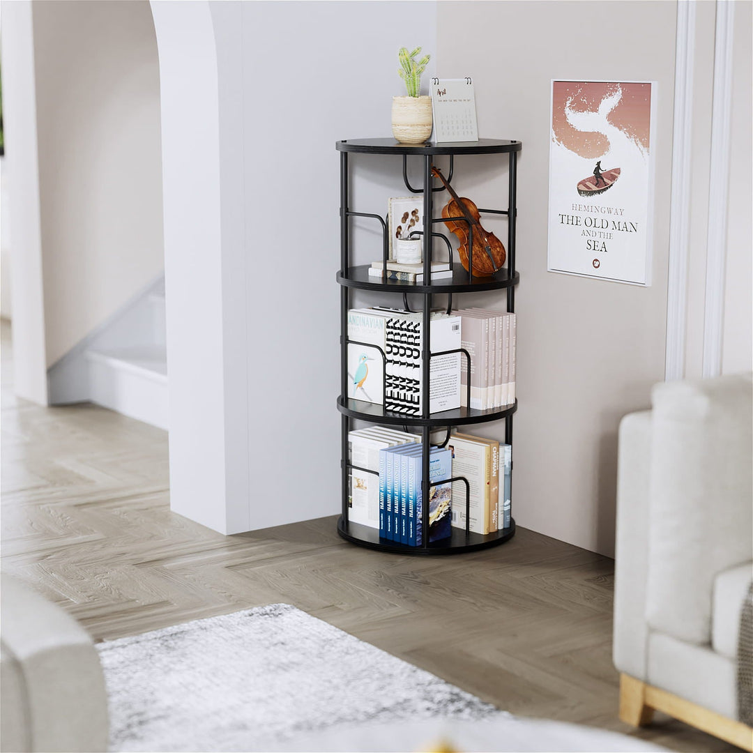 Black 5-tier rotating bookshelf tower with open compartment shelves