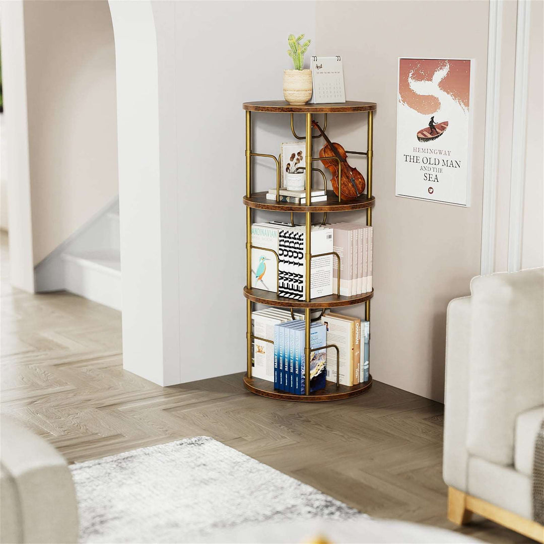 Tall 5-tier rotating bookshelf with books displayed, living room setting