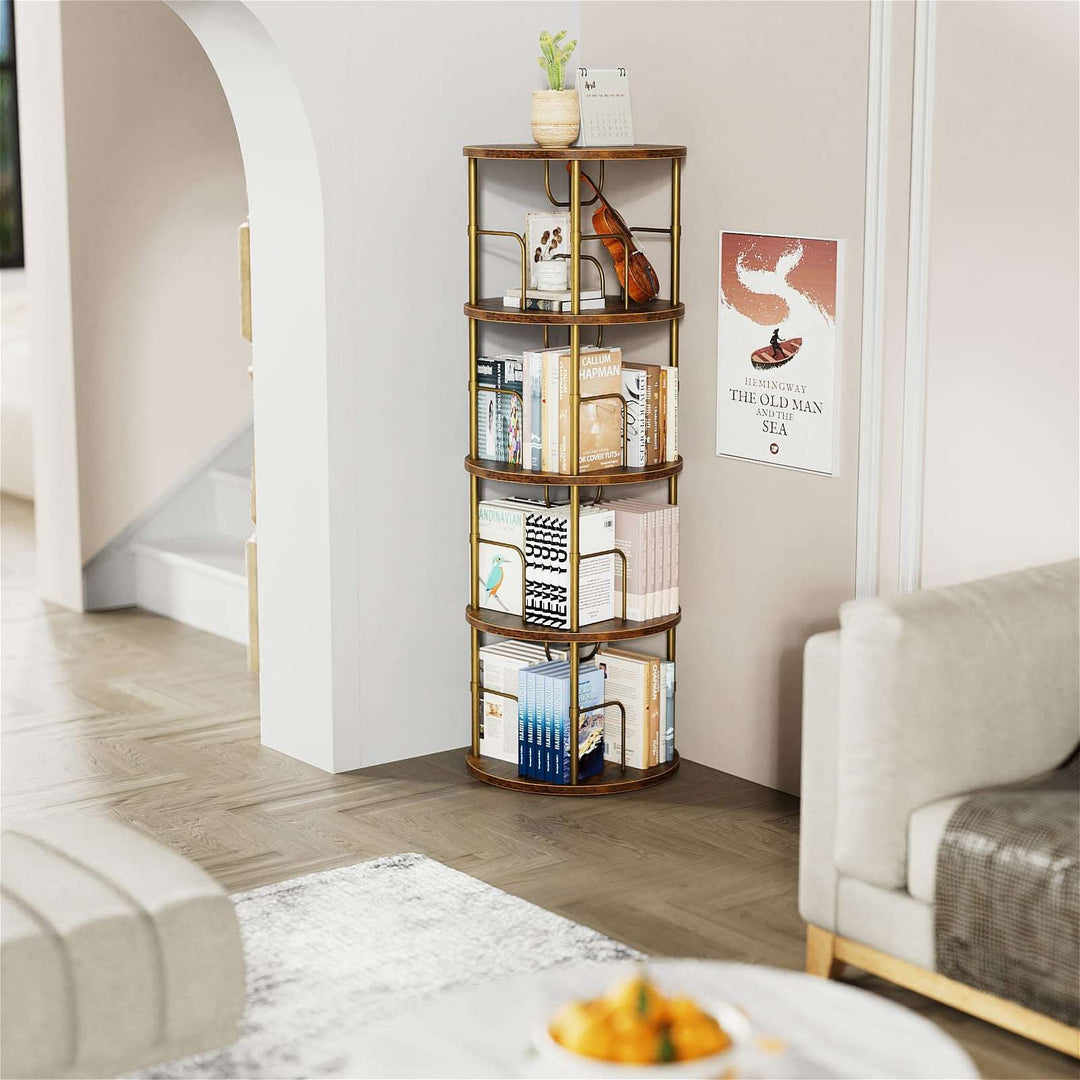 Cylindrical rotating bookcase with multi-tier round shelves, gold metal rod
