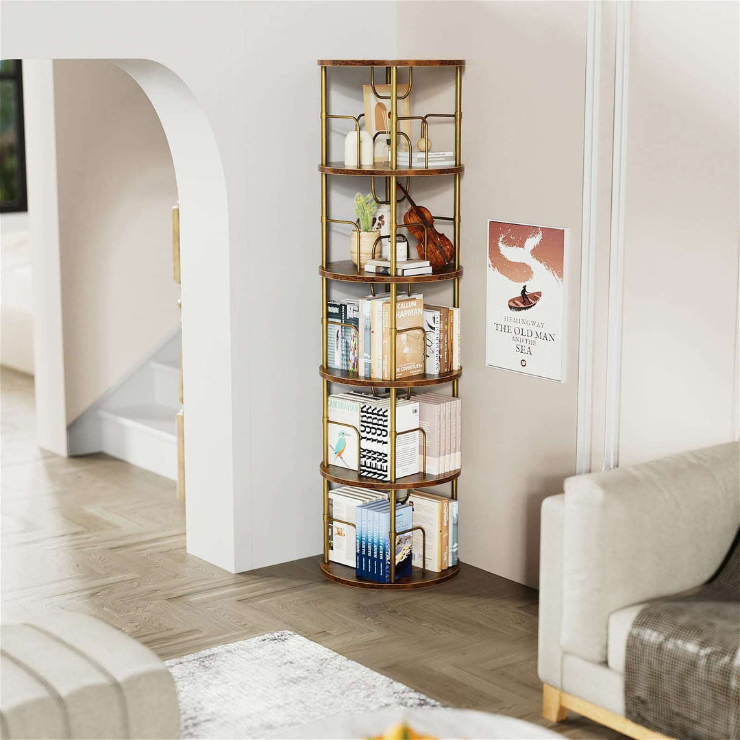 360° spinning bookshelf tower with open compartment shelves, gold frame