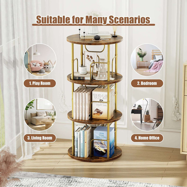 Black rotating bookcase tower with round tiers and open storage compartments