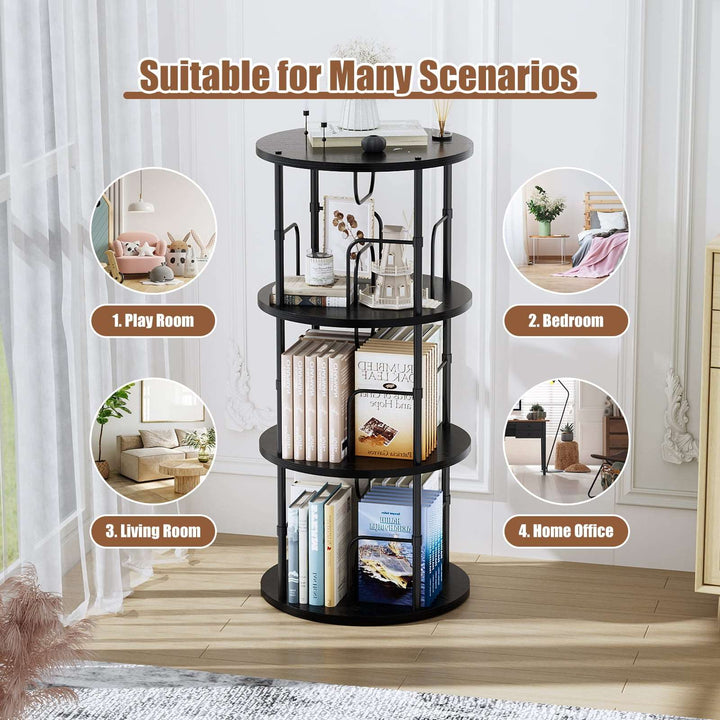 Black rotating bookcase with cylindrical tier design and 360° spinning base