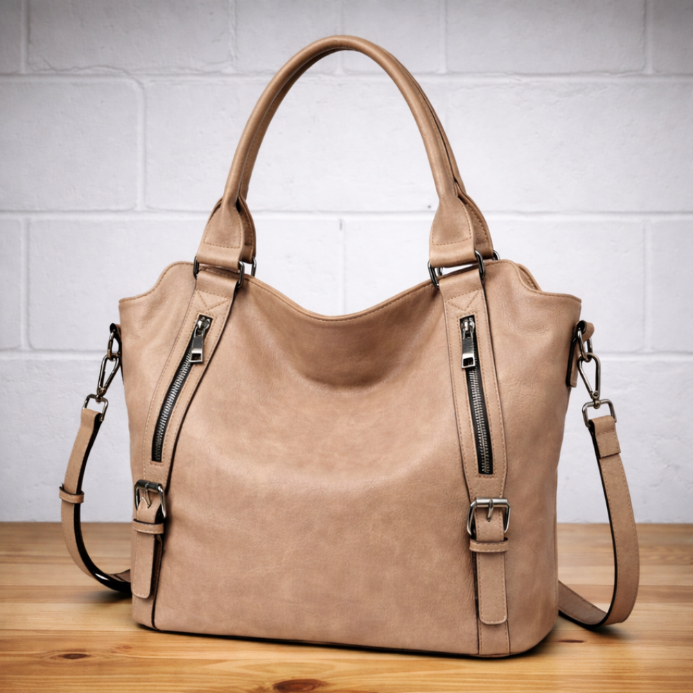 Hobo tote bag with looped top handle and adjustable shoulder strap, side view