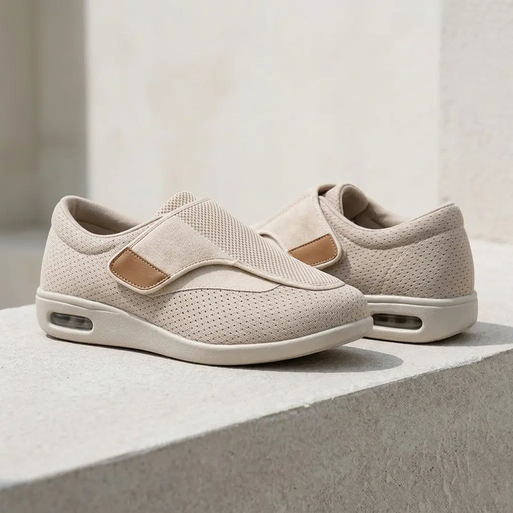Beige mesh slip-on, wide hook-and-loop strap, tan trim, air-cushion heel