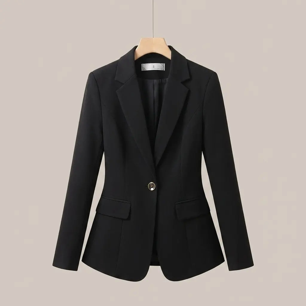 Black tailored blazer with notched lapel and gold-toned button on hanger
