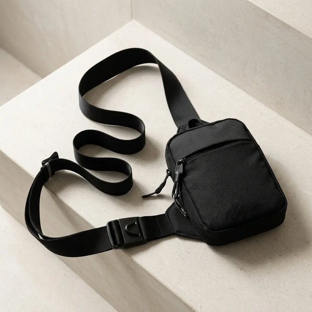 Black nylon crossbody sling bag with coiled adjustable strap and front zip pocket, laid on a stone step