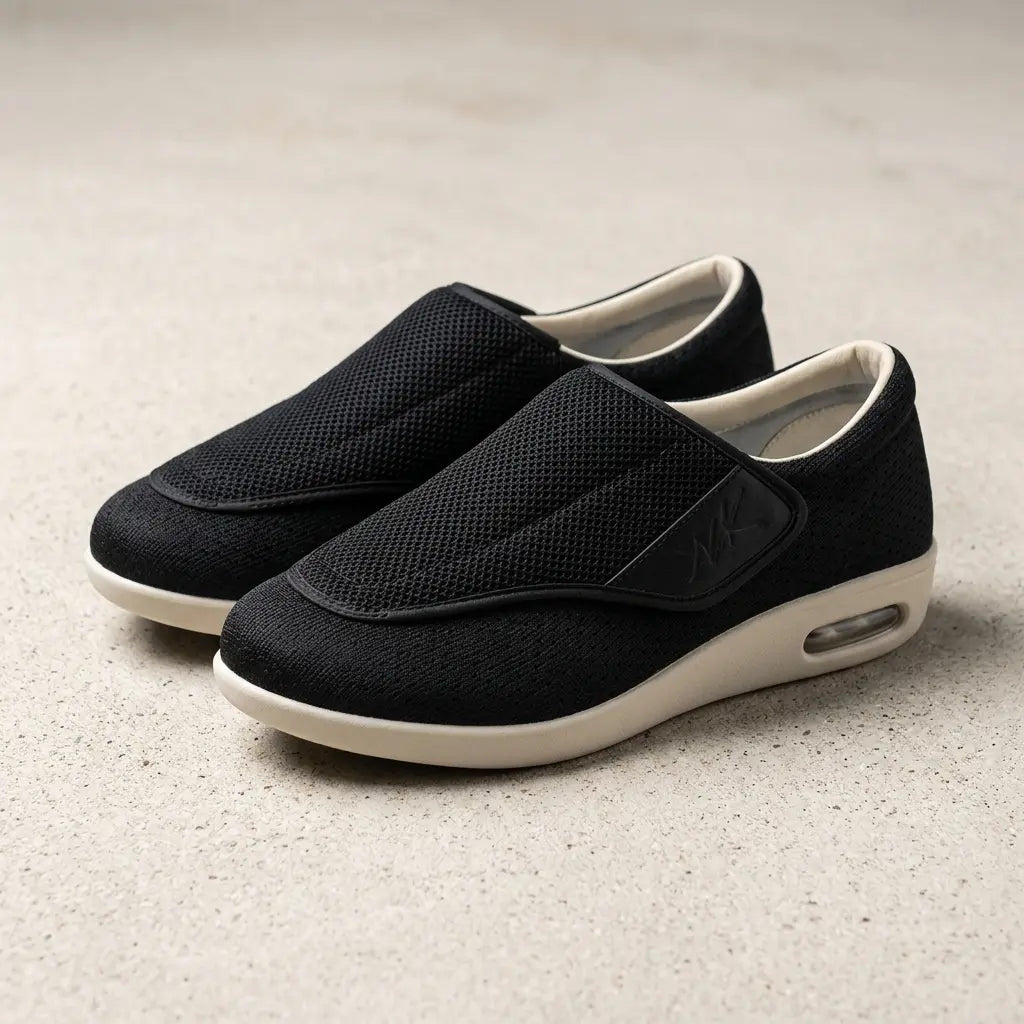 Black mesh slip-on with wide strap and cream air-cushion sole, angled view