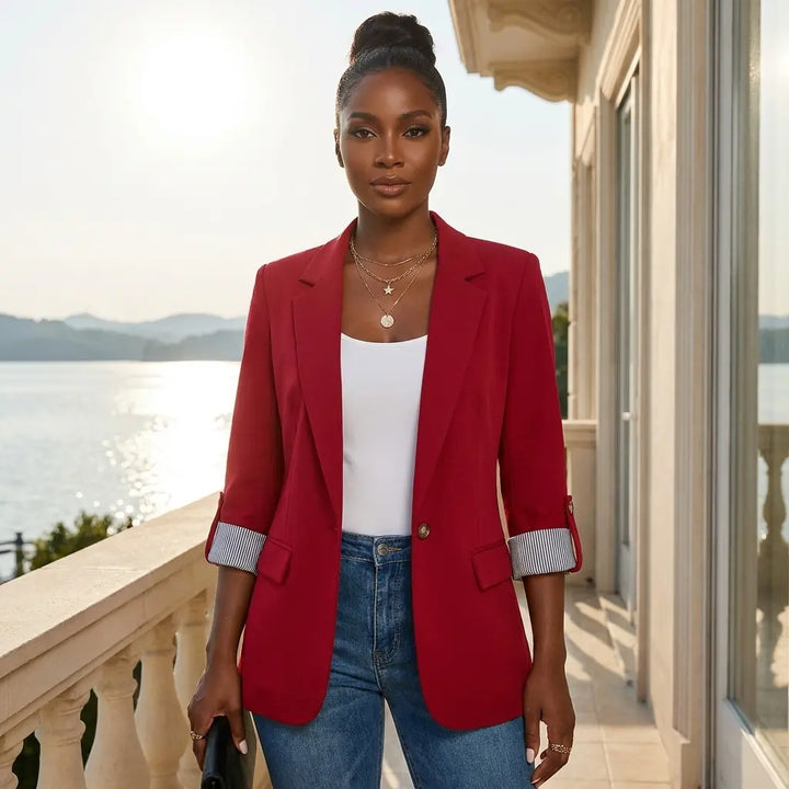 Women's office blazer in red with flap pockets and rolled 3/4 sleeves