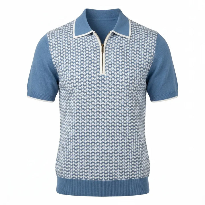 Sky blue knit polo with white diamond jacquard front and zip collar, front view