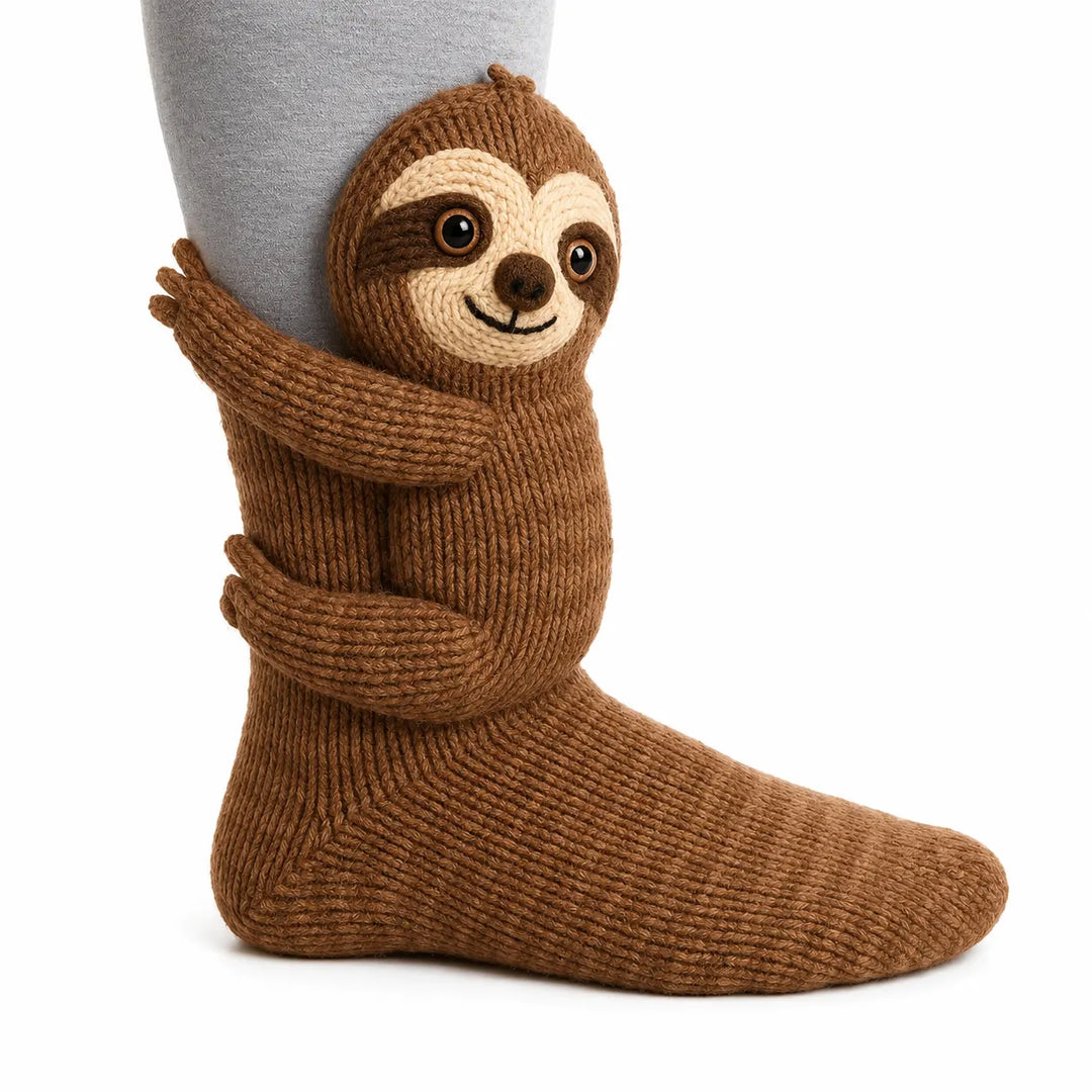 Gray knit animal sock with plush rabbit figure hugging the cuff