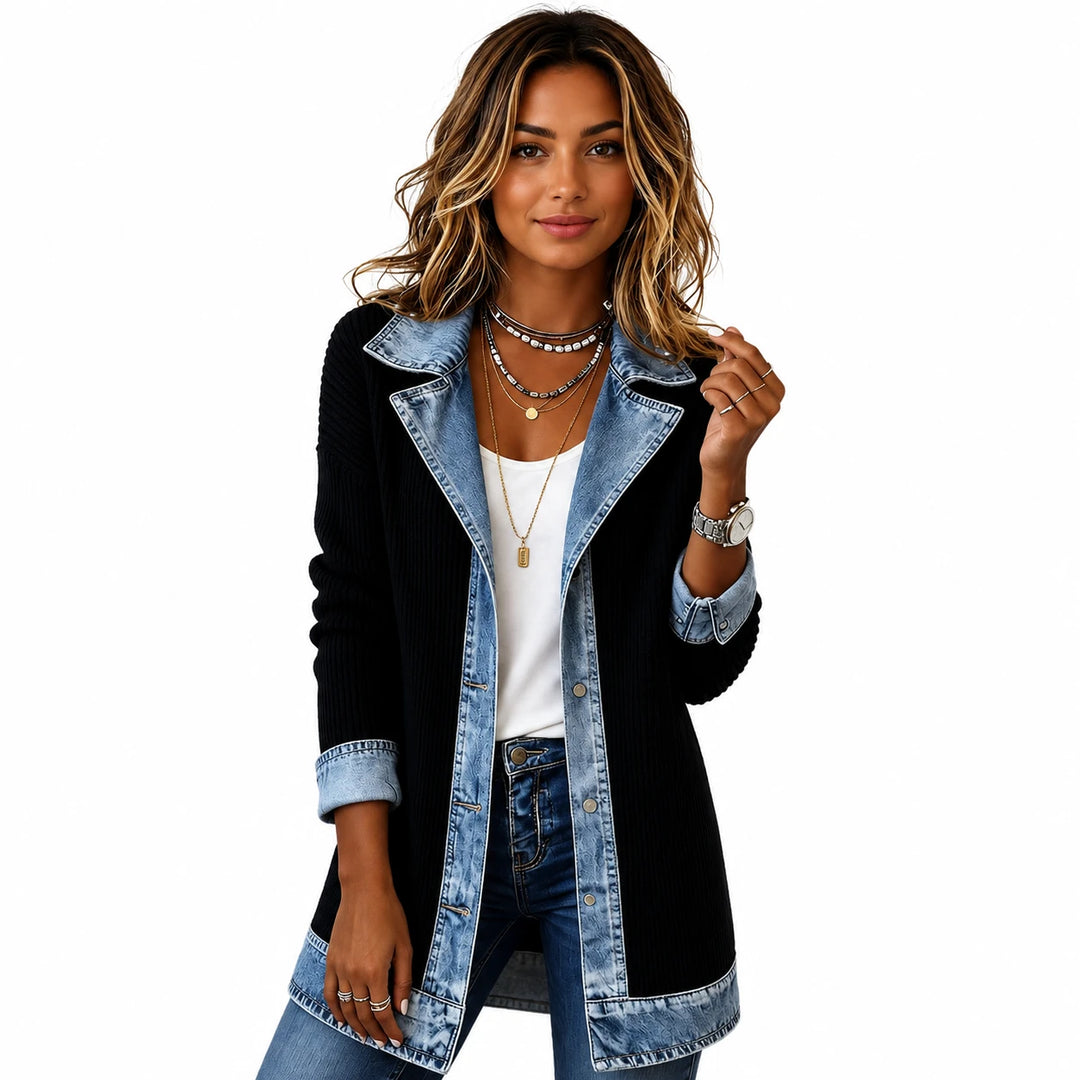 Women's open-front cardigan jacket, ribbed knit with denim cuffs, front view