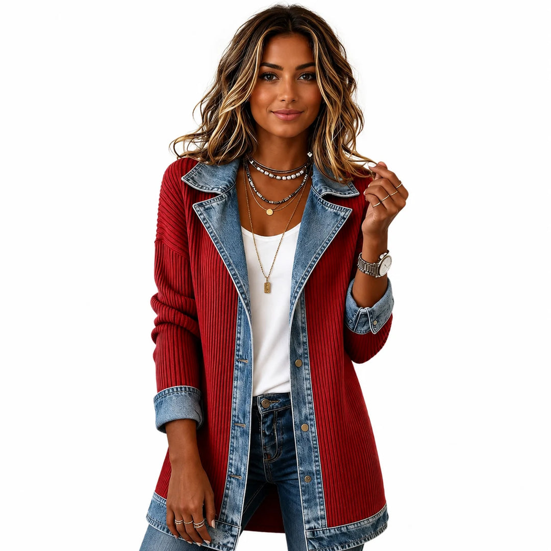 Women's knit cardigan jacket, denim-spliced cuffs and hem, back view