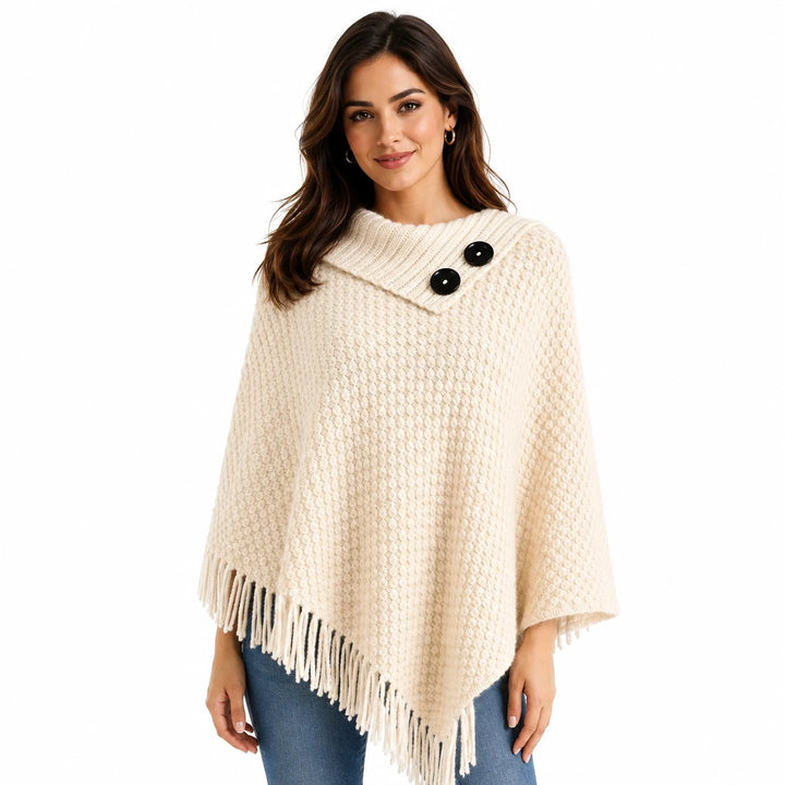 Women's fringe poncho with asymmetrical fringe hem, side view