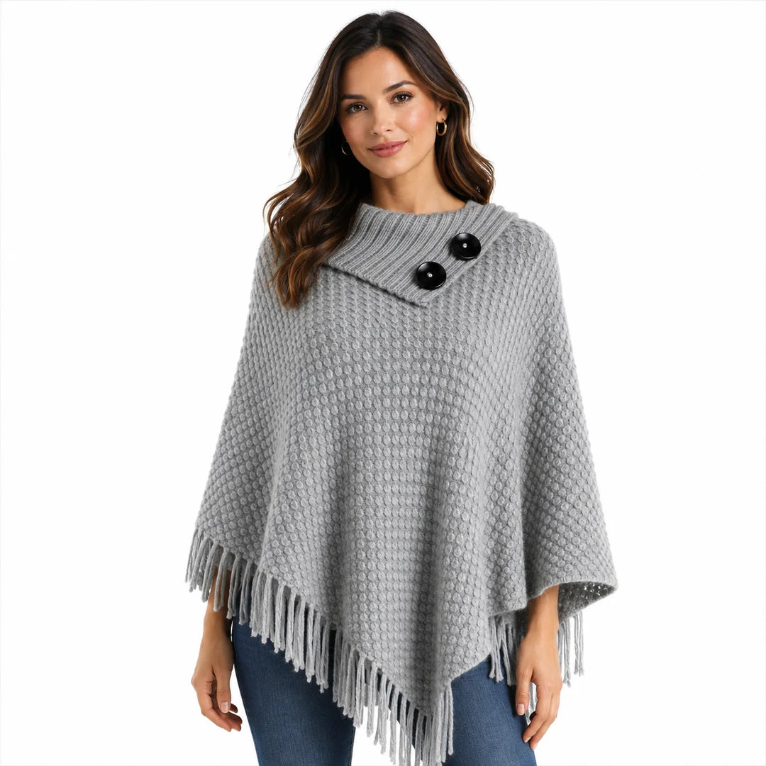Relaxed-fit wool fringe poncho with waffle-knit texture, front view