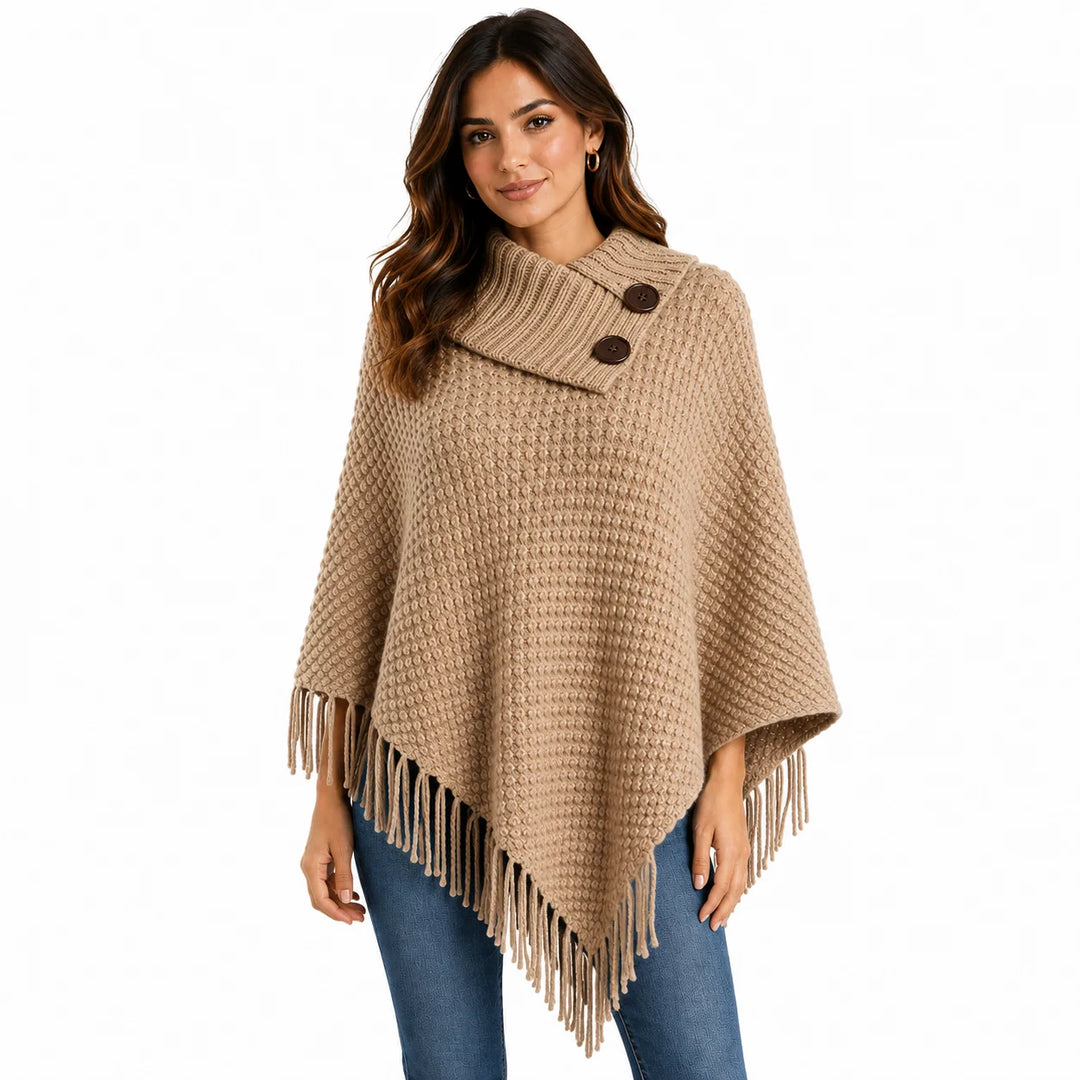 Women's fringe poncho with ribbed cowl neck and decorative buttons, front view