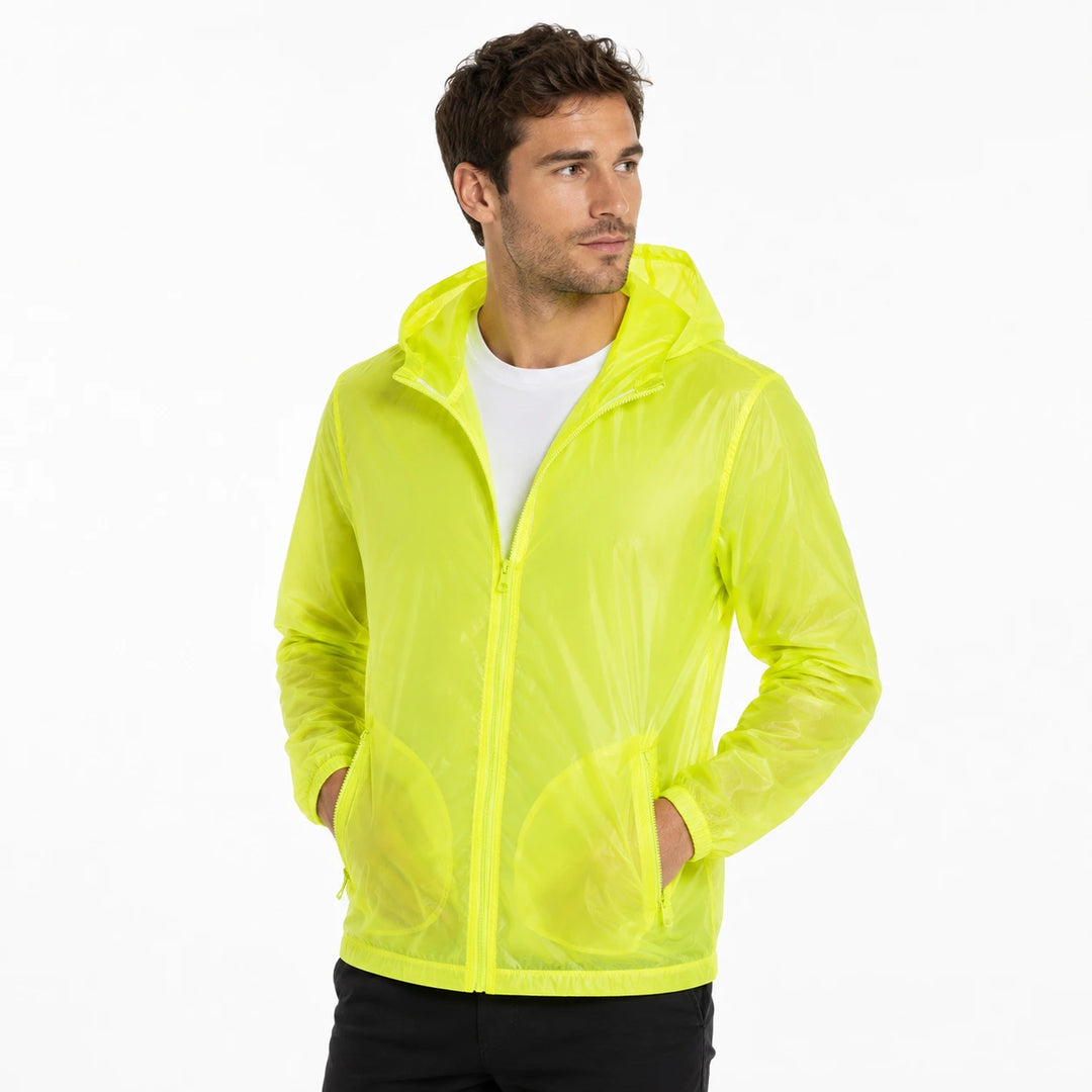 Men's ultralight hooded rain jacket full-zip, bright green, front view