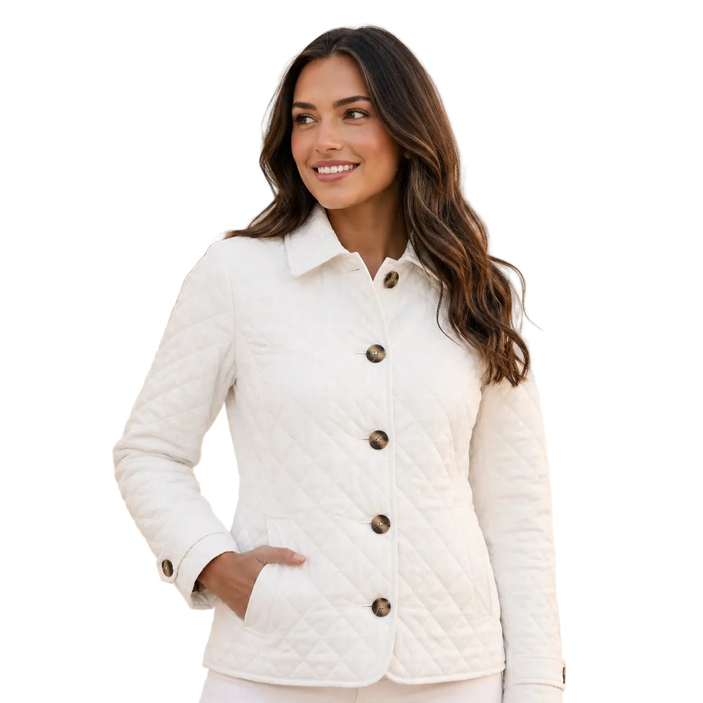 Slim-fit quilted short jacket with button placket, front view — white