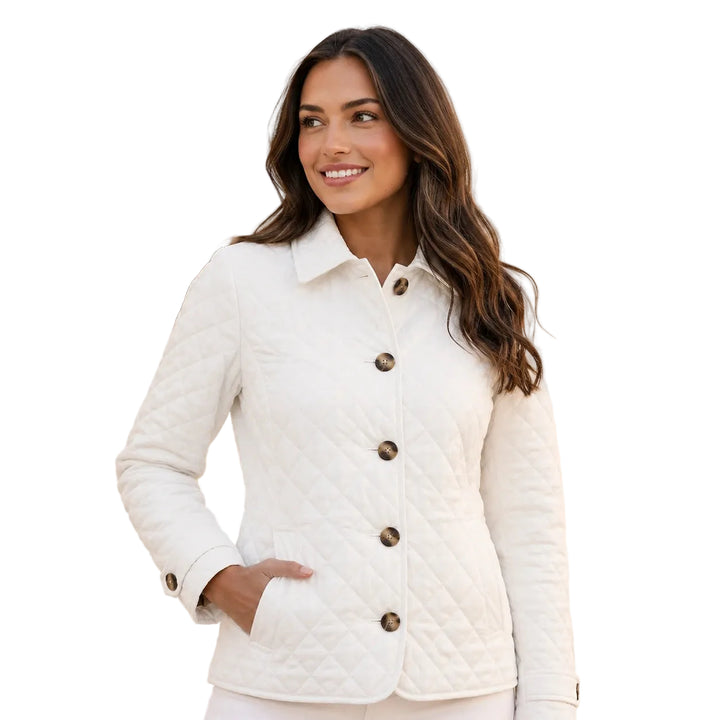 Slim-fit quilted short jacket with button placket, front view — white